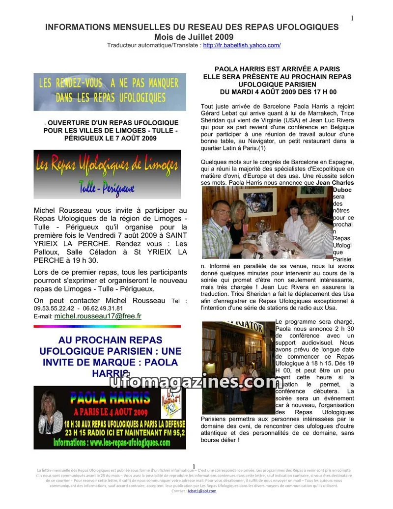 Cover of Repas Ufologiques (Lebat) issue Juillet 2009: INFORMATIONS MENSUELLES DU RESEAU DES REPAS UFOLOGIQUES