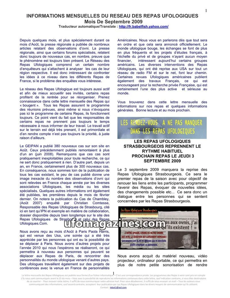 Cover of Repas Ufologiques (Lebat) issue Mois De Septembre 2009: INFORMATIONS MENSUELLES DU RESEAU DES REPAS UFOLOGIQUES