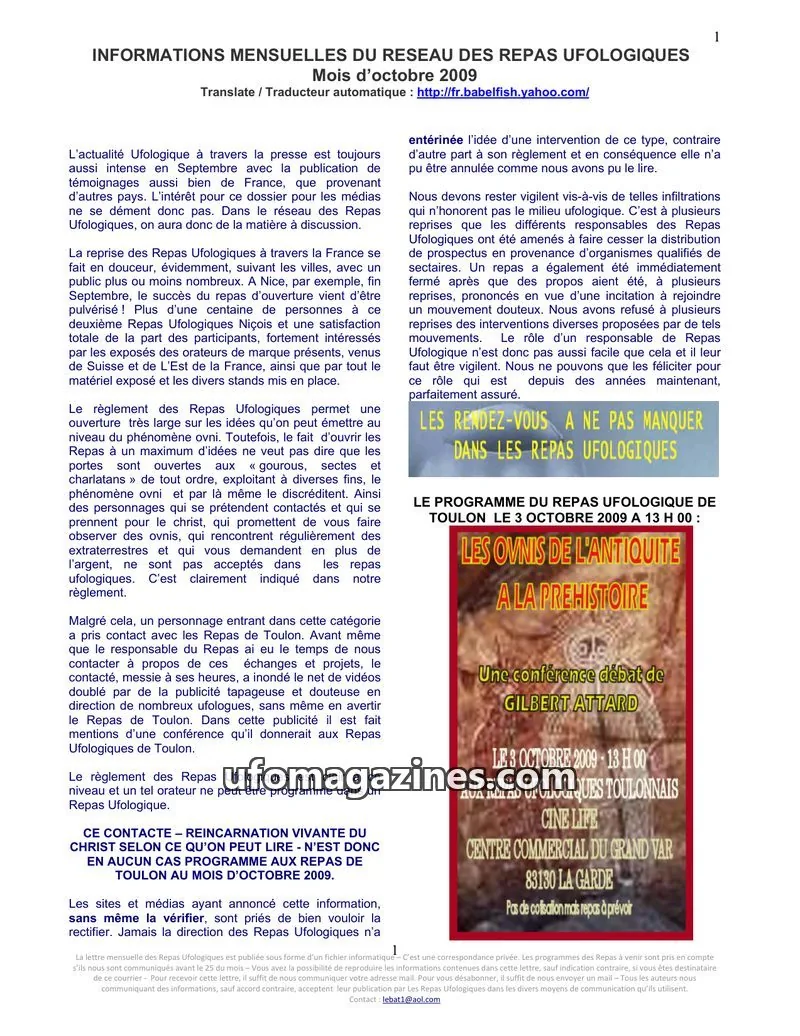 Cover of Repas Ufologiques (Lebat) issue Mois d'octobre 2009: INFORMATIONS MENSUELLES DU RESEAU DES REPAS UFOLOGIQUES
