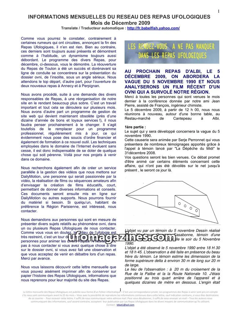 Cover of Repas Ufologiques (Lebat) issue Mois de Décembre 2009: INFORMATIONS MENSUELLES DU RESEAU DES REPAS UFOLOGIQUES