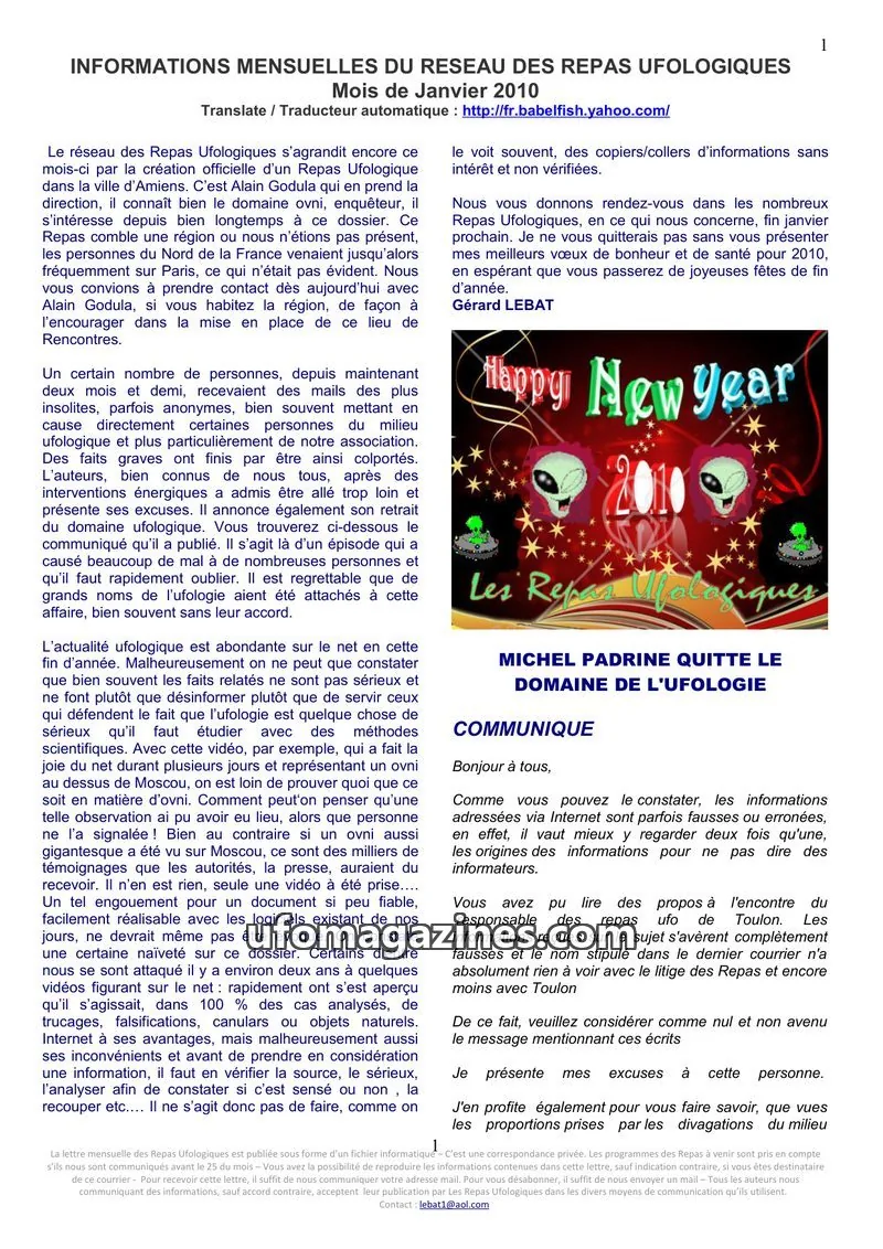 Cover of Repas Ufologiques (Lebat) issue Janvier 2010: INFORMATIONS MENSUELLES DU RESEAU DES REPAS UFOLOGIQUES