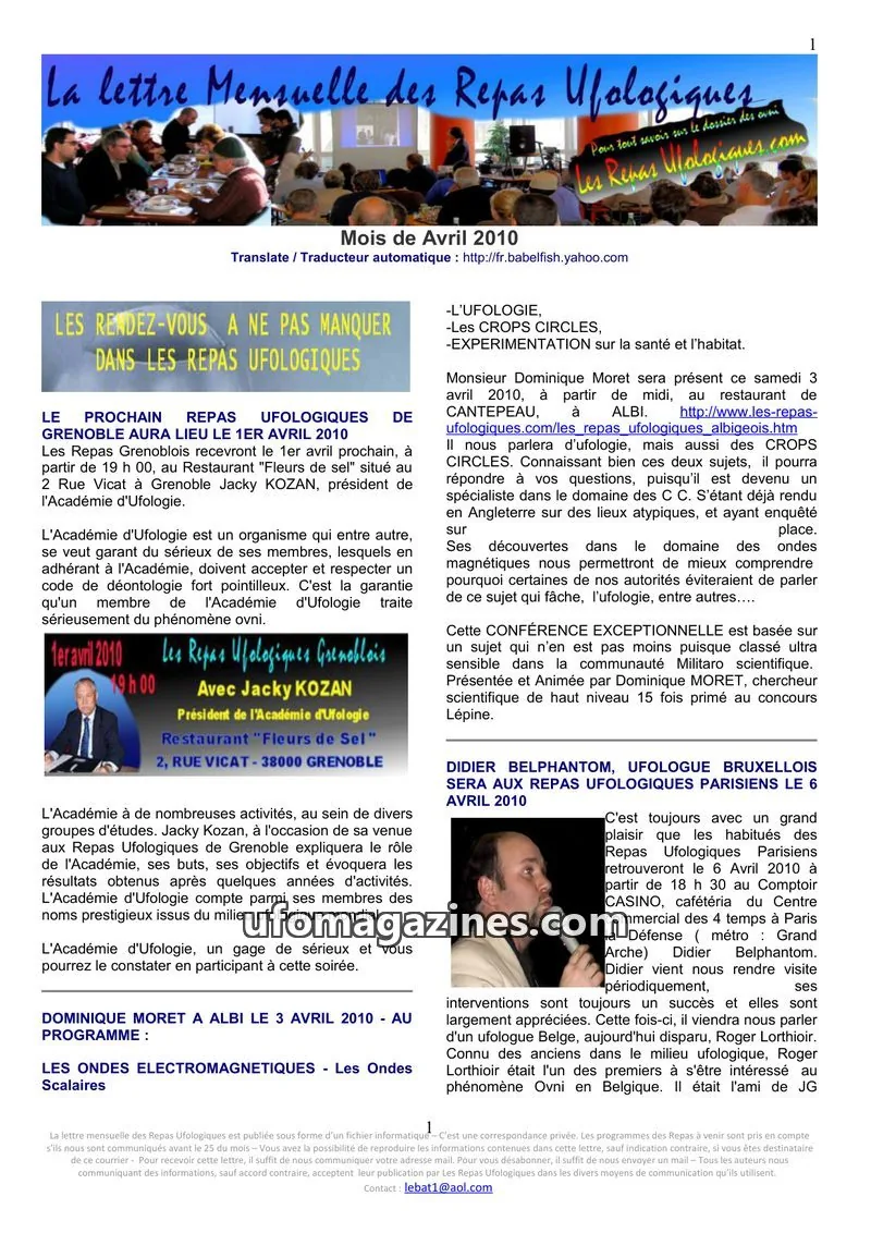 Cover of Repas Ufologiques (Lebat) issue April 2010: La lettre Mensuelle des Repas Ufologiques