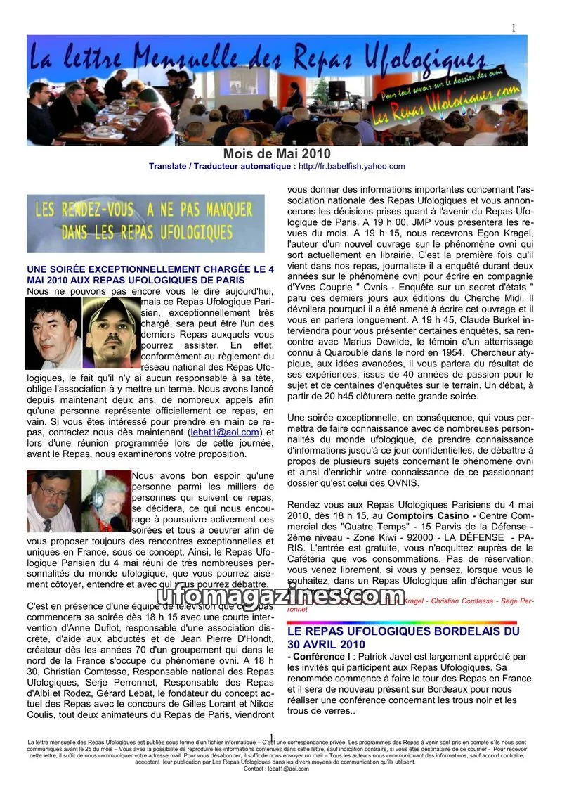 Cover of Repas Ufologiques (Lebat) issue Mai 2010: La lettre Mensuelle des Repas Ufologiques