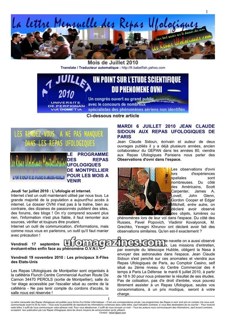 Cover of Repas Ufologiques (Lebat) issue July 2010: La lettre Mensuelle des Repas Ufologiques