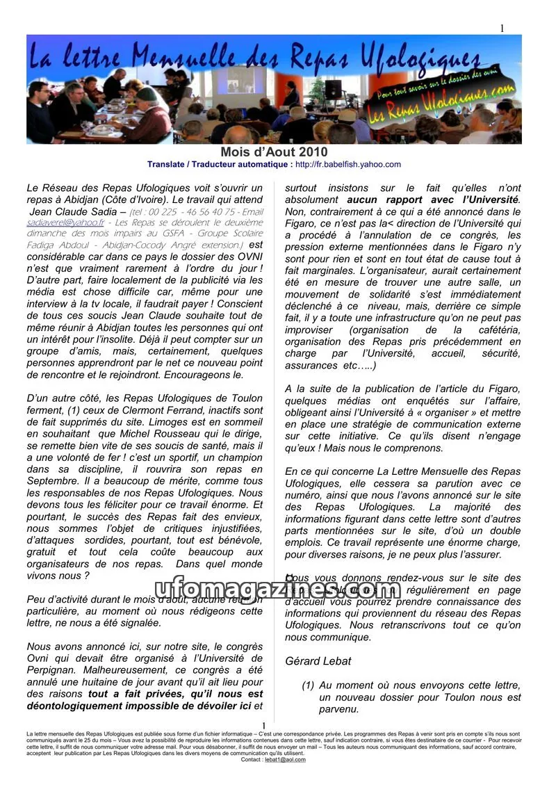 Cover of Repas Ufologiques (Lebat) issue August 2010: La lettre Mensuelle des Repas Ufologiques