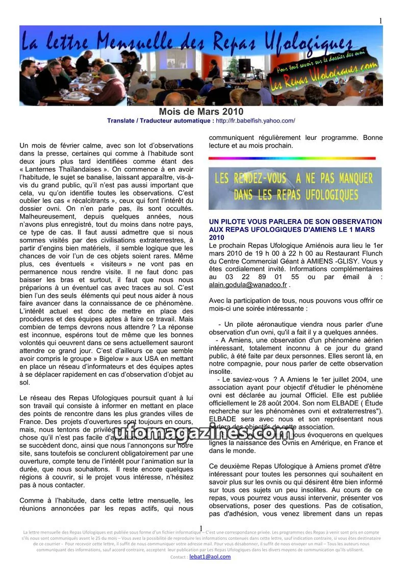 Cover of Repas Ufologiques (Lebat) issue Mars 2010: La lettre Mensuelle des Repas Ufologiques