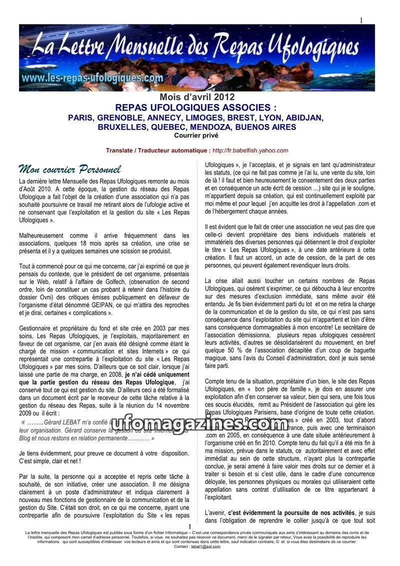 Cover of Repas Ufologiques (Lebat) issue April 2012: La Lettre Mensuelle des Repas Ufologiques