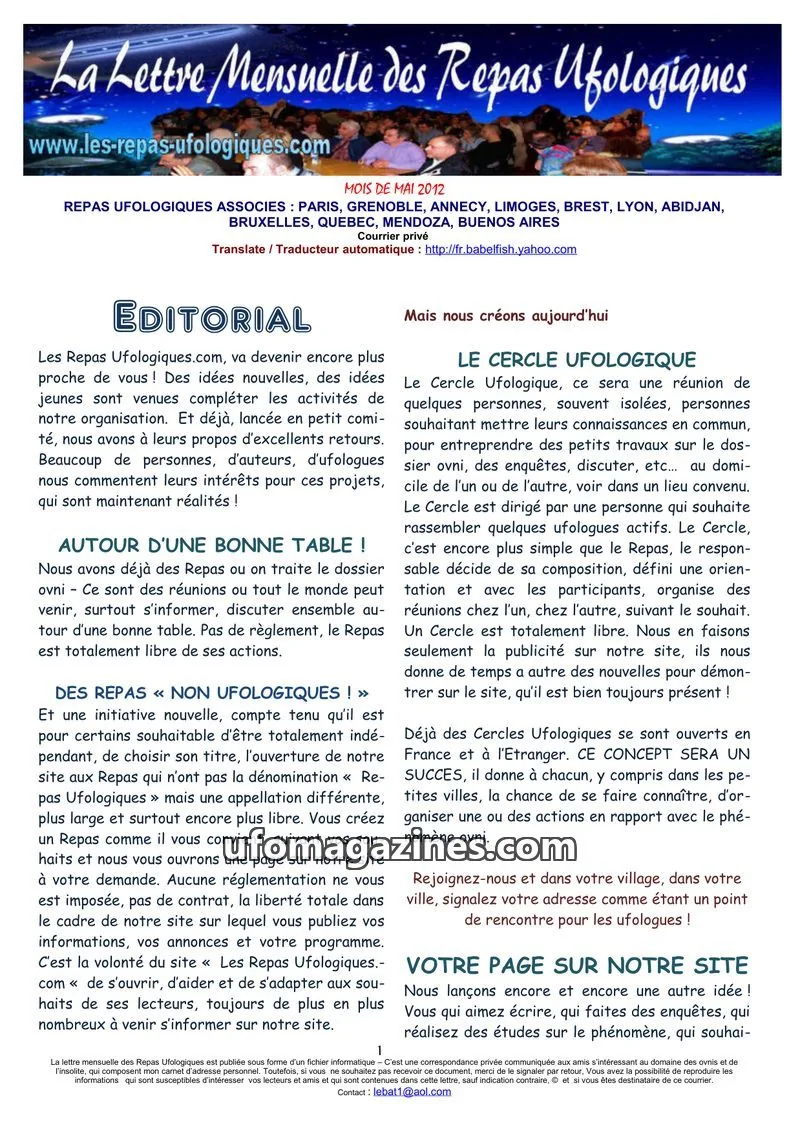 Cover of Repas Ufologiques (Lebat) issue May 2012: La Lettre Mensuelle des Repas Ufologiques