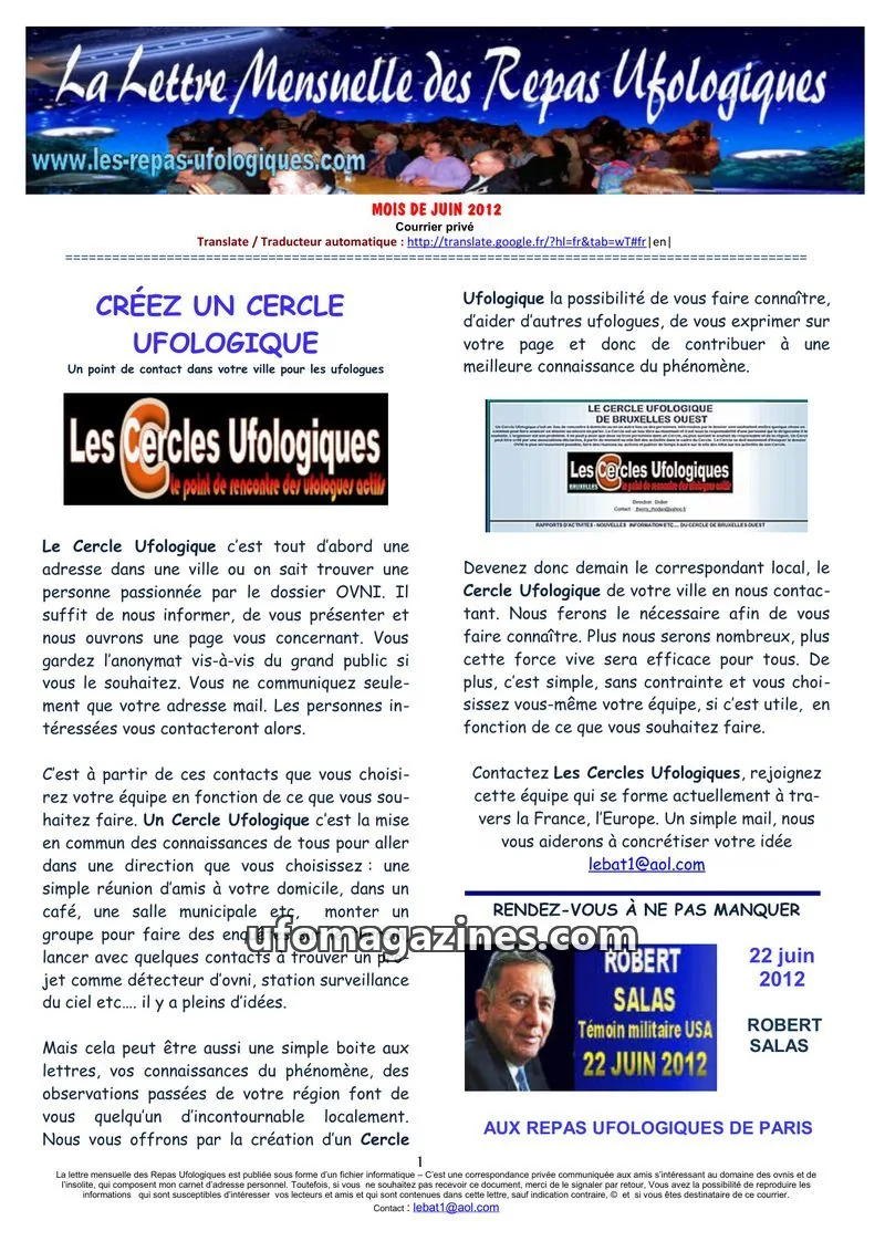 Cover of Repas Ufologiques (Lebat) issue June 2012: La Lettre Mensuelle des Repas Ufologiques