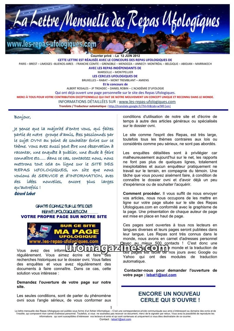 Cover of Repas Ufologiques (Lebat) issue 12 JUIN 2012: La Lettre Mensuelle des Repas Ufologiques