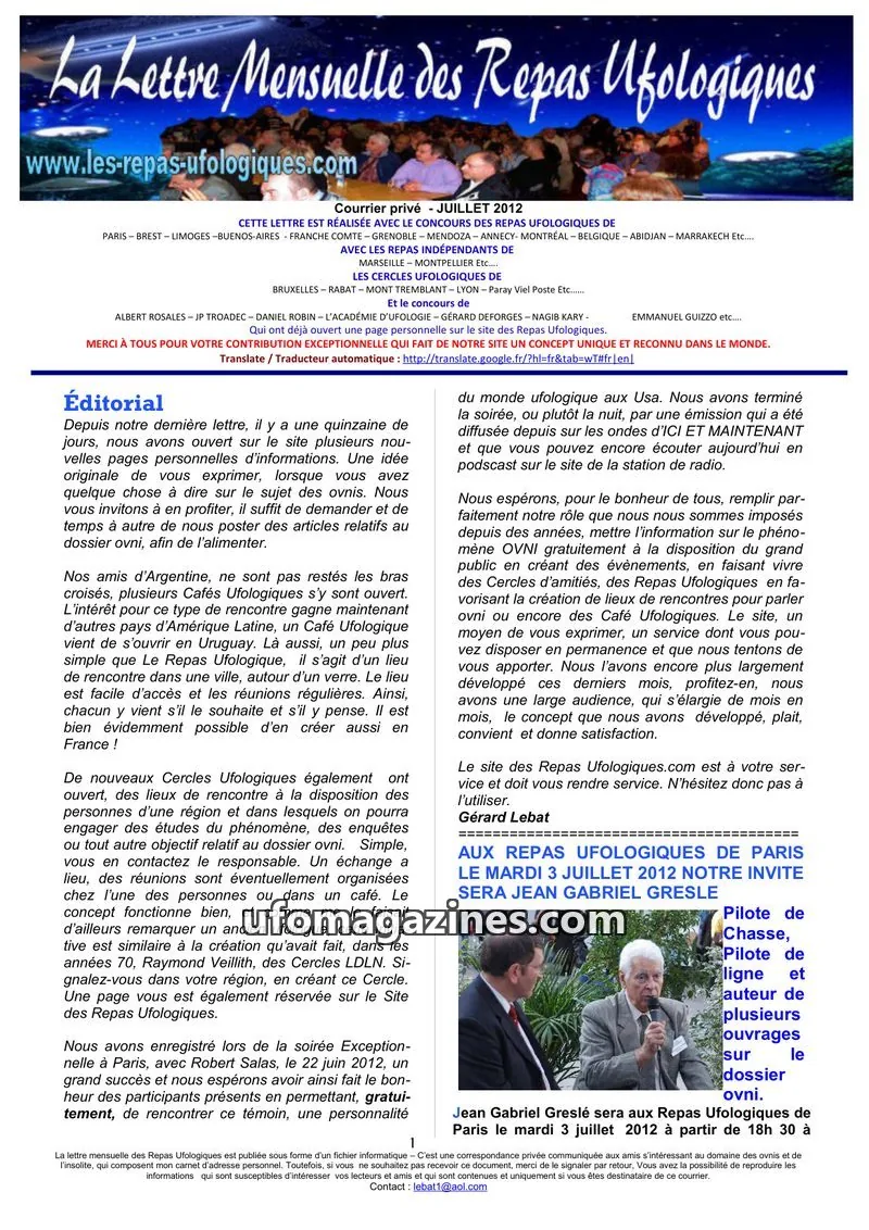 Cover of Repas Ufologiques (Lebat) issue July 2012: La Lettre Mensuelle des Repas Ufologiques