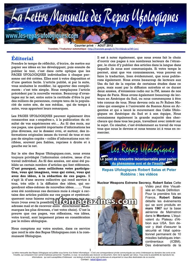 Cover of Repas Ufologiques (Lebat) issue AOUT 2012: La Lettre Mensuelle des Repas Ufologiques