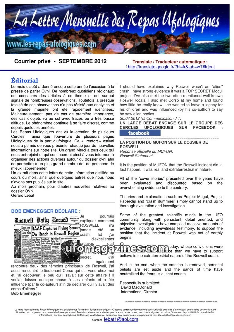 Cover of Repas Ufologiques (Lebat) issue SEPTEMBRE 2012: La Lettre Mensuelle des Repas Ufologiques