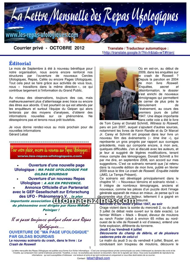 Cover of Repas Ufologiques (Lebat) issue Octobre 2012: La Lettre Mensuelle des Repas Ufologiques