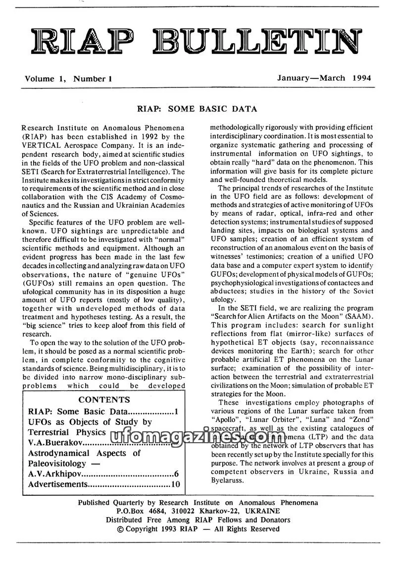 Cover of Research Institute on Anomalous Phenomena issue 1: RIAP BULLETIN