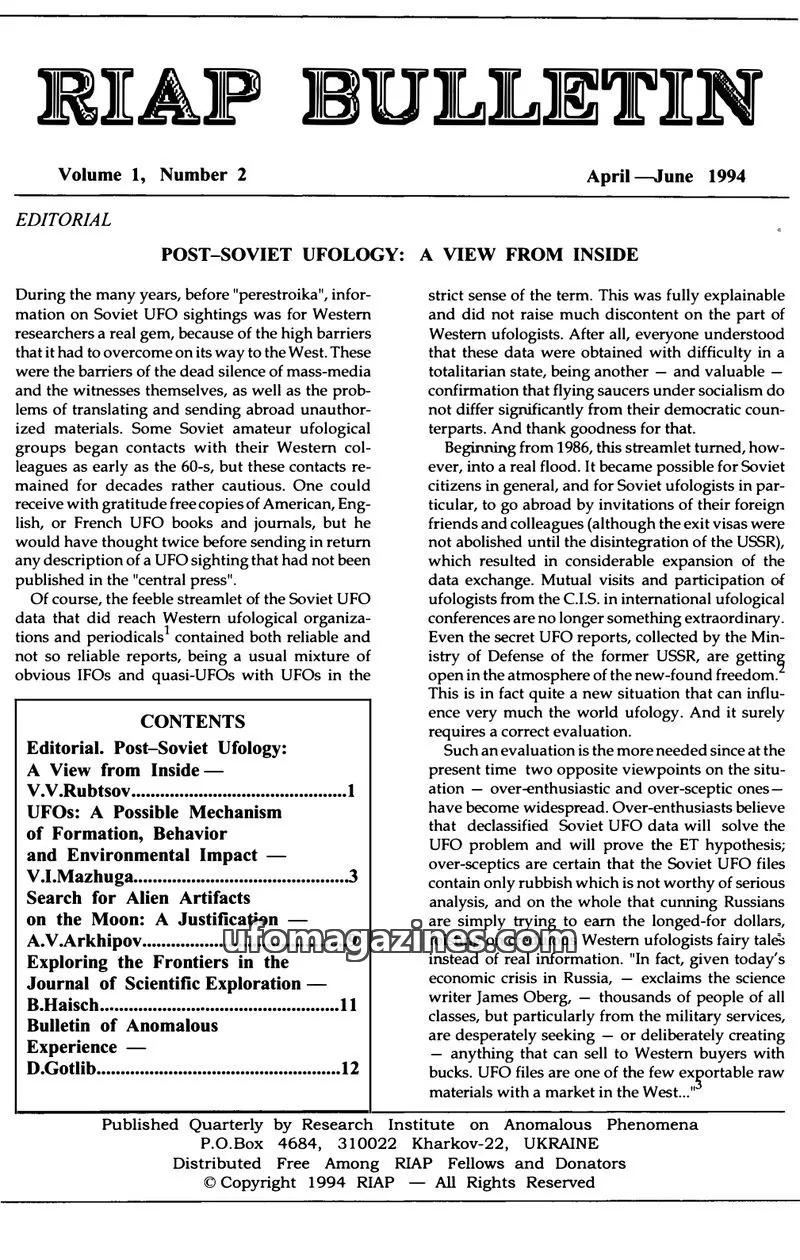 Cover of Research Institute on Anomalous Phenomena issue 2: RIAP BULLETIN