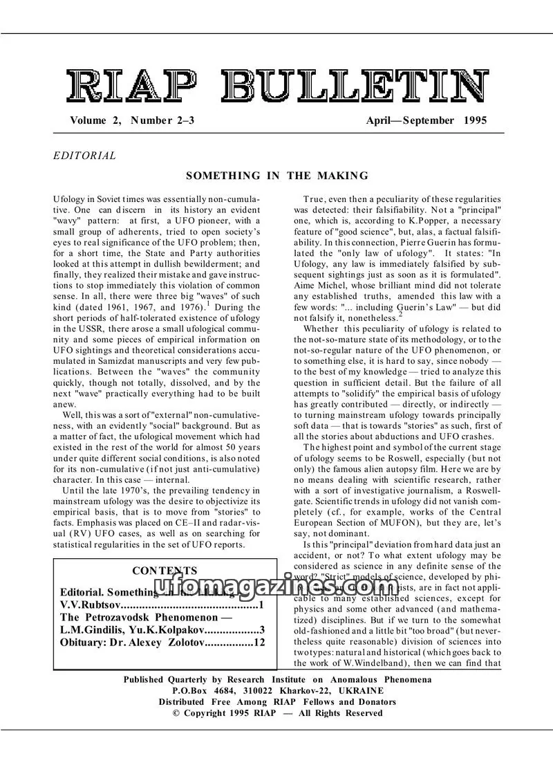 Cover of Research Institute on Anomalous Phenomena issue Volume 2, Number 2-3: RIAP BULLETIN