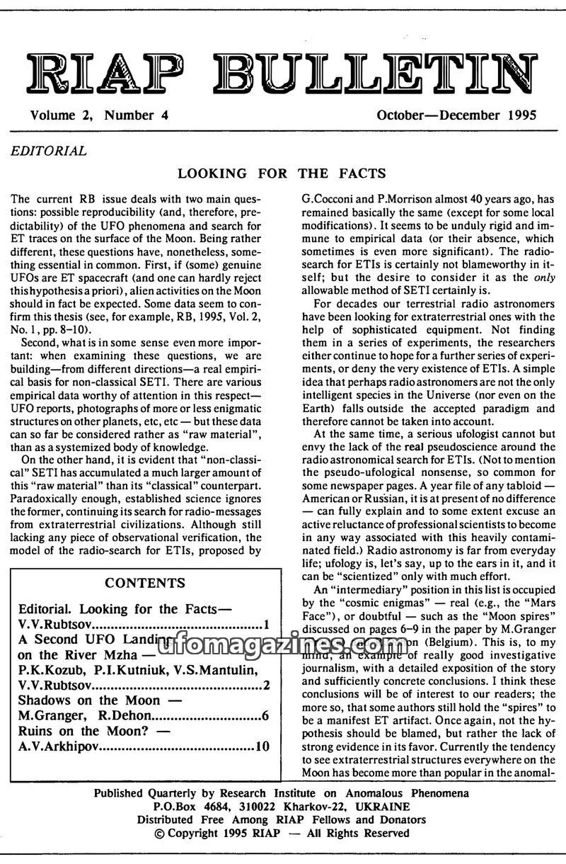Cover of Research Institute on Anomalous Phenomena issue Volume 2, Number 4: RIAP BULLETIN