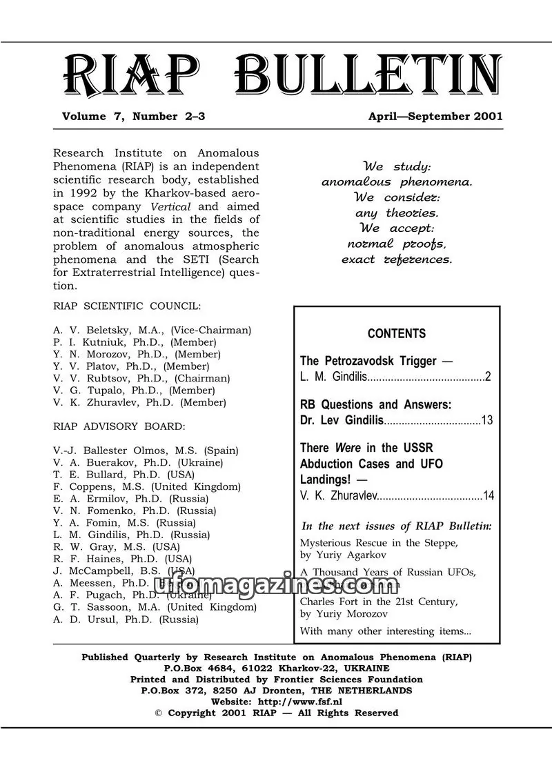 Cover of Research Institute on Anomalous Phenomena (RIAP) issue 7, Number 2-3: RIAP BULLETIN