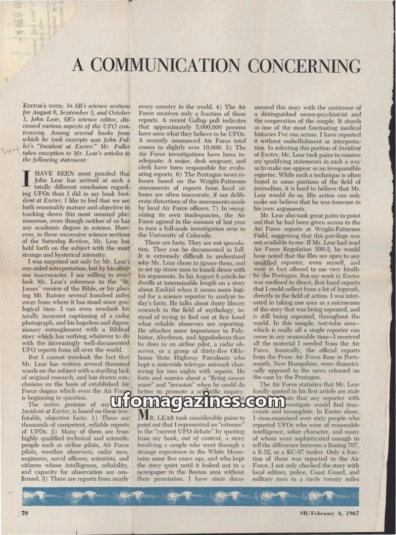 Cover of Saturday Review issue February 4, 1967: A COMMUNICATION CONCERNING