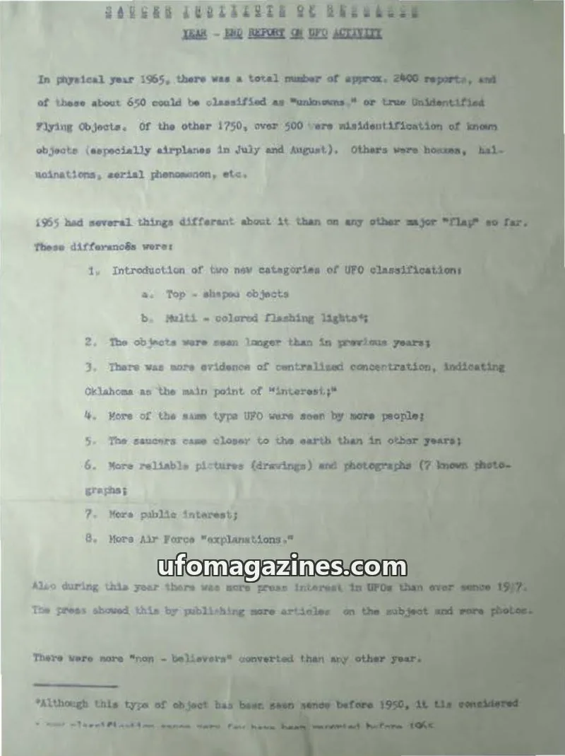 Cover of Saucer Institute of Research issue 1965: YEAR-END REPORT OF UFO ACTIVITY