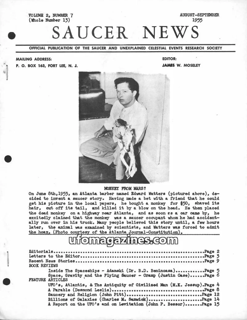 Cover of THE SAUCER AND UNEXPLAINED CELESTIAL EVENTS RESEARCH SOCIETY issue VOLUME 2, NUMBER 7 (Whole Number 13): SAUCER NEWS