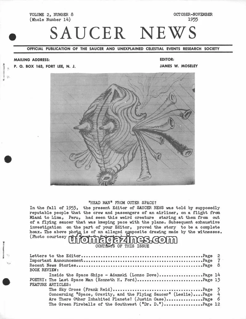Cover of THE SAUCER AND UNEXPLAINED CELESTIAL EVENTS RESEARCH SOCIETY issue VOLUME 2, NUMBER 8 (Whole Number 14): SAUCER NEWS