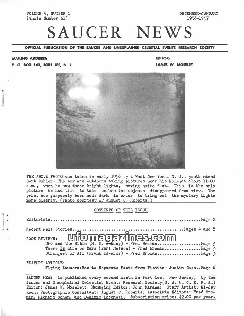 Cover of Saucer and Unexplained Celestial Events Research Society issue VOLUME 4, NUMBER 1 (Whole Number 21): SAUCER NEWS