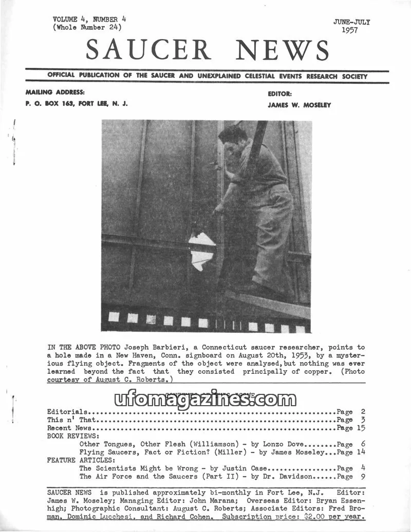 Cover of SAUCER AND UNEXPLAINED CELESTIAL EVENTS RESEARCH SOCIETY issue VOLUME 4, NUMBER 4 (Whole Number 24): SAUCER NEWS