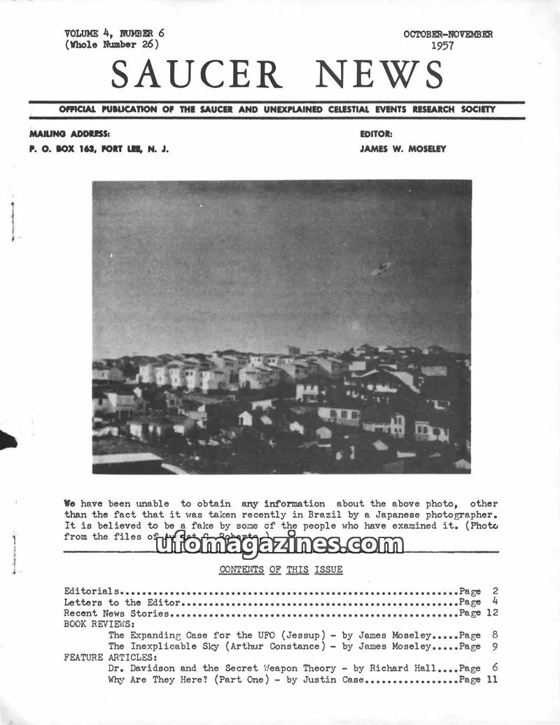 Cover of The Saucer and Unexplained Celestial Events Research Society issue VOLUME 4, NUMBER 6 (Whole Number 26): SAUCER NEWS