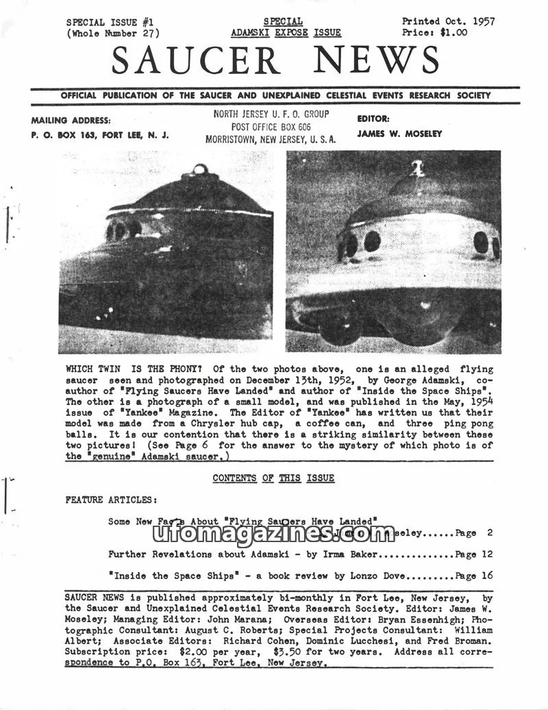 Cover of Saucer and Unexplained Celestial Events Research Society issue SPECIAL ISSUE #1 (Whole Number 27): SAUCER NEWS