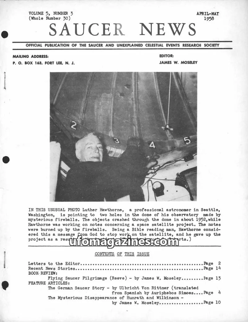 Cover of Saucer and Unexplained Celestial Events Research Society issue VOLUME 5, NUMBER 3 (Whole Number 30): SAUCER NEWS