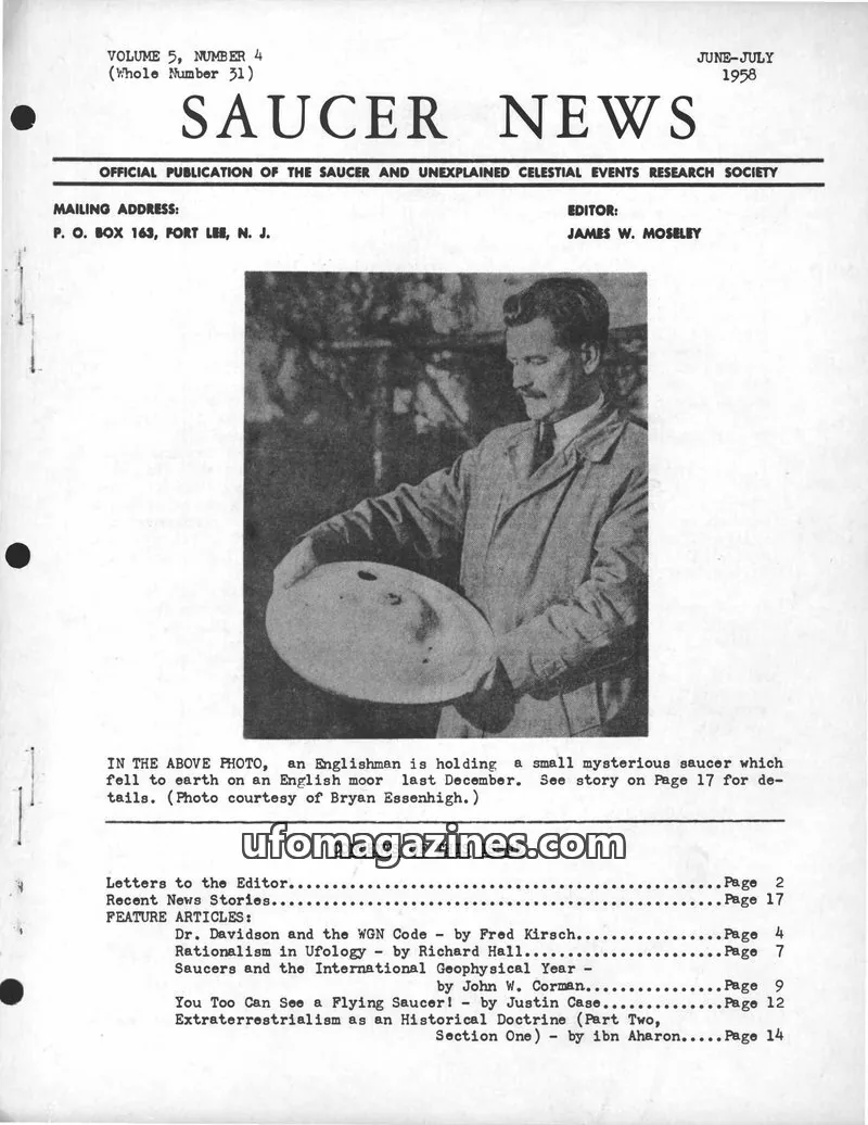 Cover of THE SAUCER AND UNEXPLAINED CELESTIAL EVENTS RESEARCH SOCIETY issue VOLUME 5, NUMBER 4 (Whole Number 31): SAUCER NEWS
