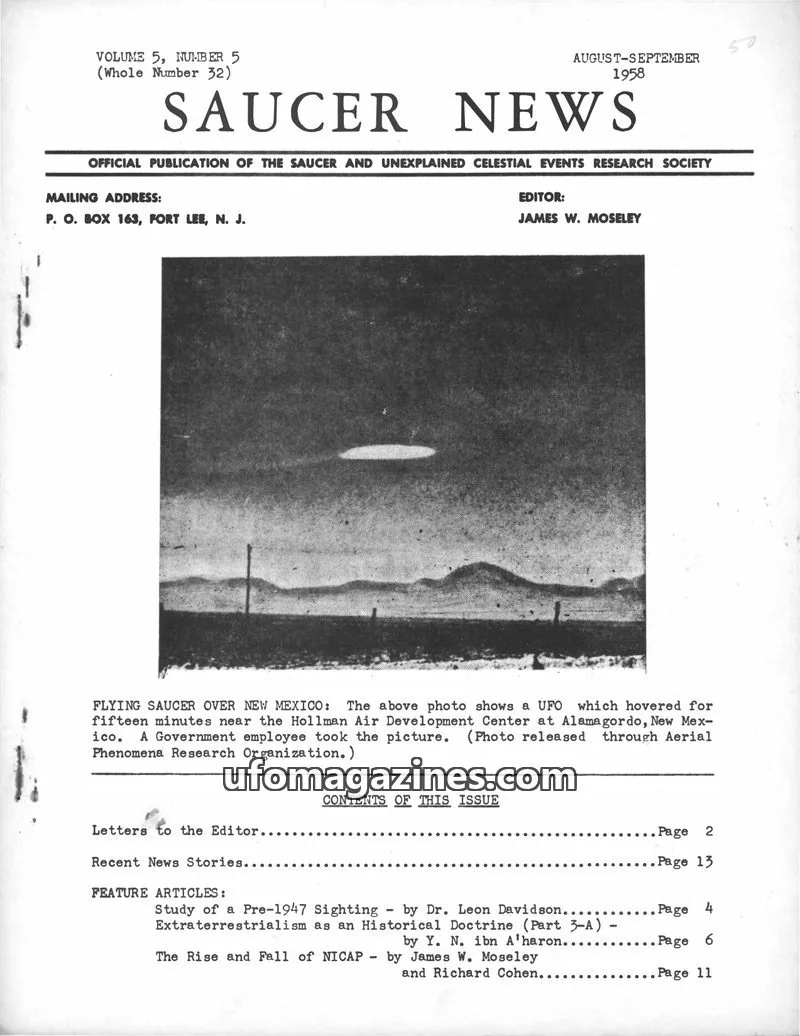 Cover of THE SAUCER AND UNEXPLAINED CELESTIAL EVENTS RESEARCH SOCIETY issue VOLUME 5, NUMBER 5 (Whole Number 32): SAUCER NEWS