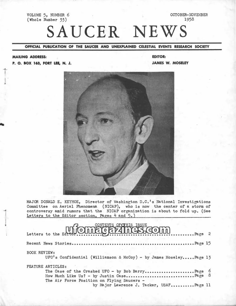 Cover of THE SAUCER AND UNEXPLAINED CELESTIAL EVENTS RESEARCH SOCIETY issue VOLUME 5, NUMBER 6 (Whole Number 33): SAUCER NEWS