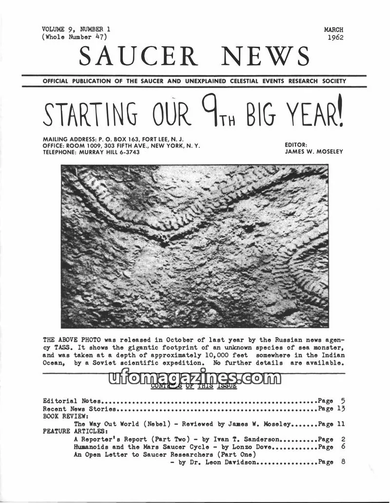 Cover of SAUCER AND UNEXPLAINED CELESTIAL EVENTS RESEARCH SOCIETY issue VOLUME 9, NUMBER 1 (Whole Number 47): SAUCER NEWS