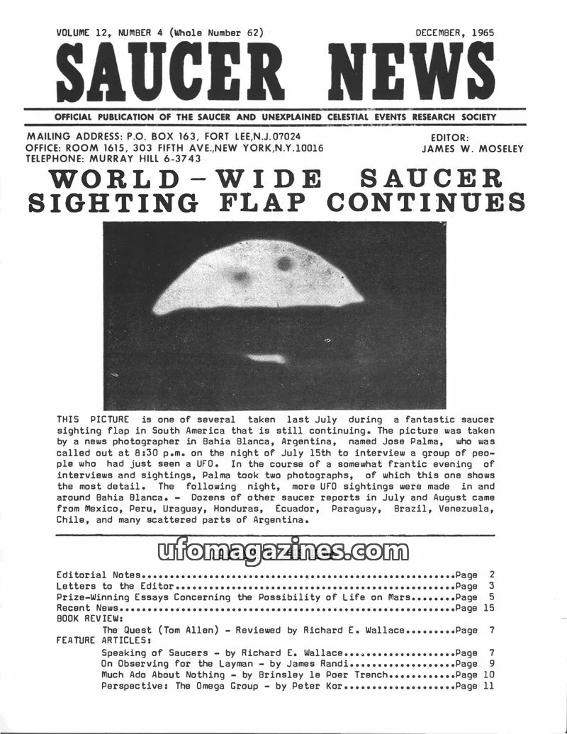 Cover of THE SAUCER AND UNEXPLAINED CELESTIAL EVENTS RESEARCH SOCIETY issue VOLUME 12, NUMBER 4 (Whole Number 62): SAUCER NEWS