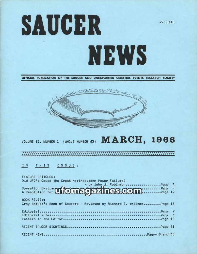 Cover of THE SAUCER AND UNEXPLAINED CELESTIAL EVENTS RESEARCH SOCIETY issue 1: SAUCER NEWS