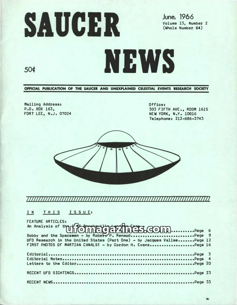 Cover of SAUCER AND UNEXPLAINED CELESTIAL EVENTS RESEARCH SOCIETY issue Volume 13, Number 2 (Whole Number 64): SAUCER NEWS