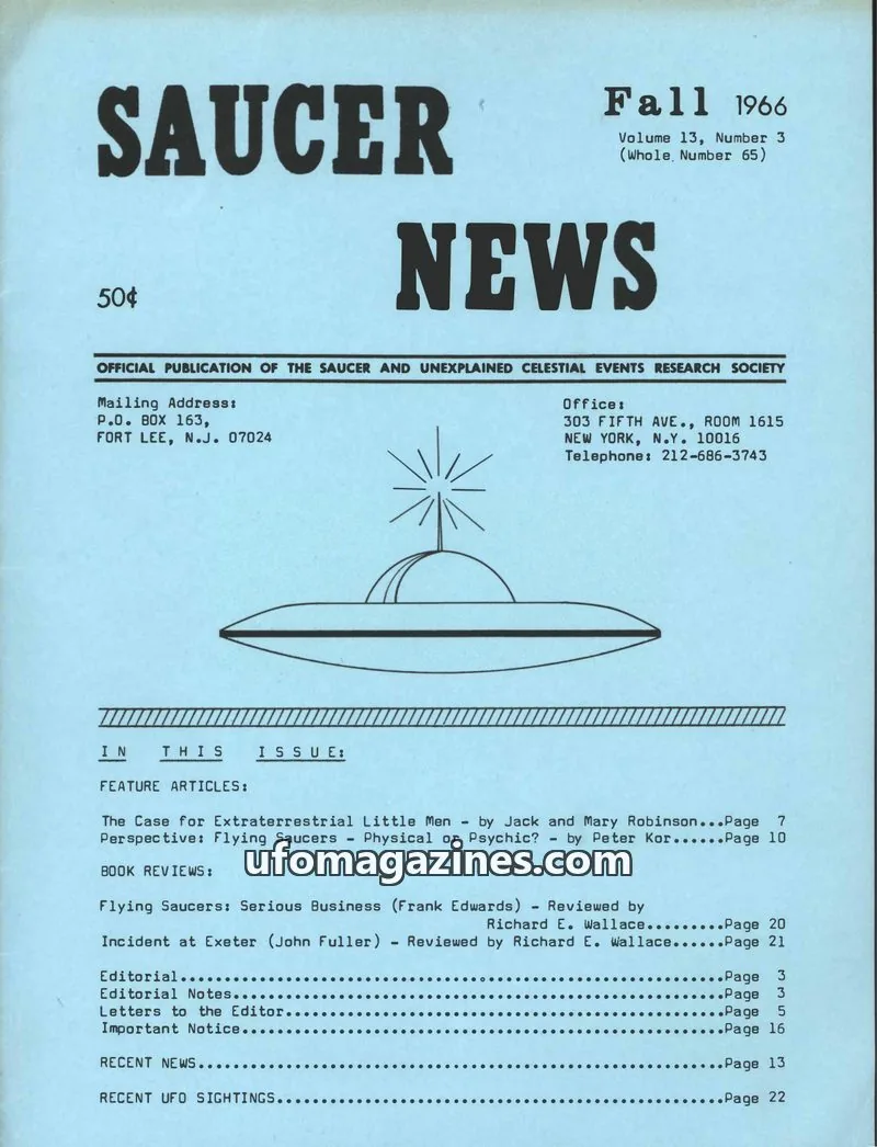 Cover of The Saucer and Unexplained Celestial Events Research Society issue Volume 13, Number 3 (Whole Number 65): SAUCER NEWS