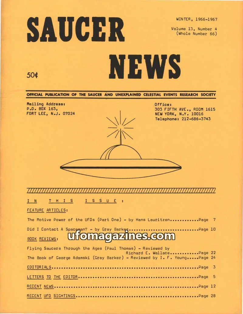 Cover of The Saucer and Unexplained Celestial Events Research Society issue Volume 13, Number 4 (Whole Number 66): SAUCER NEWS