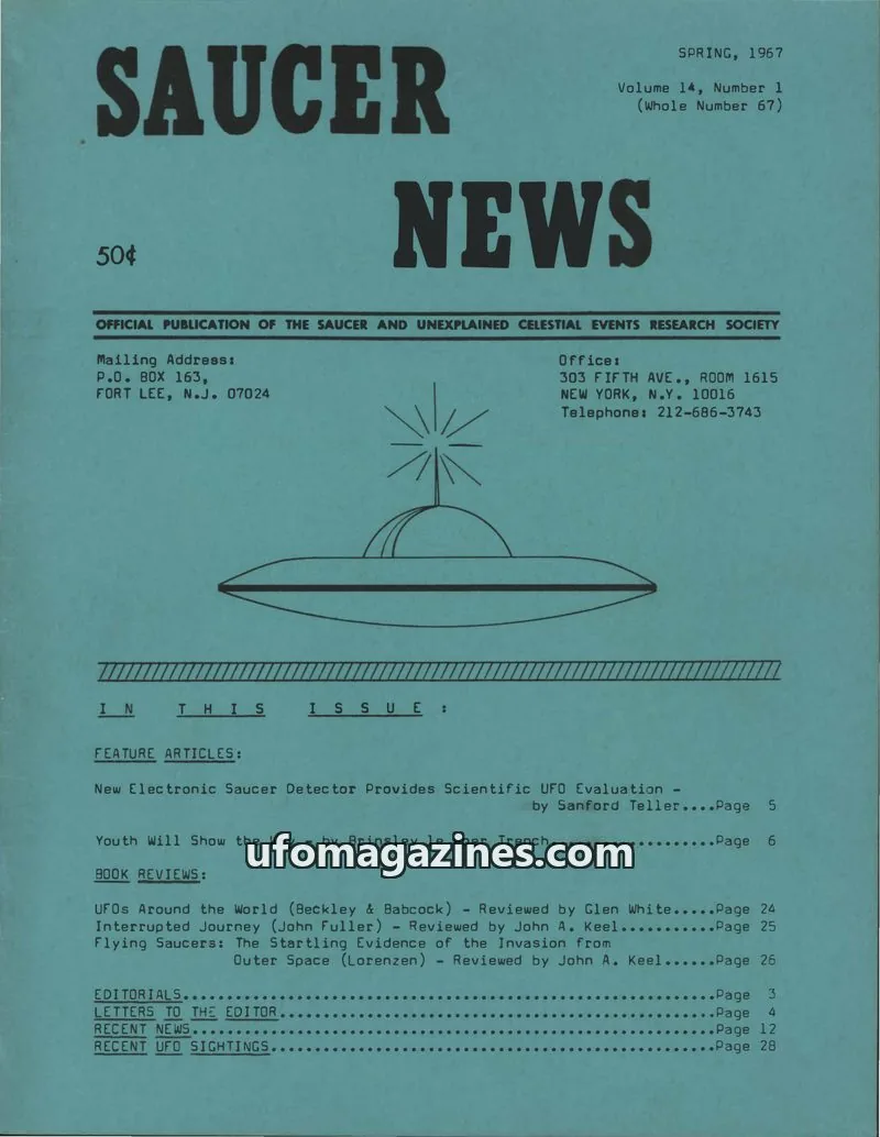 Cover of THE SAUCER AND UNEXPLAINED CELESTIAL EVENTS RESEARCH SOCIETY issue Volume 14, Number 1 (Whole Number 67): SAUCER NEWS