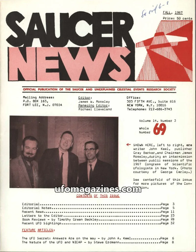 Cover of SAUCER AND UNEXPLAINED CELESTIAL EVENTS RESEARCH SOCIETY issue Volume 14, Number 3: SAUCER NEWS