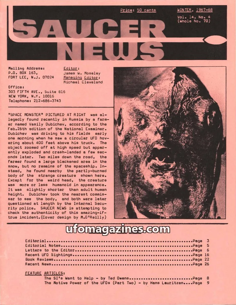 Cover of Saucer News (James Moseley) issue Vol. 14, No. 4 (Whole No. 70): SAUCER NEWS