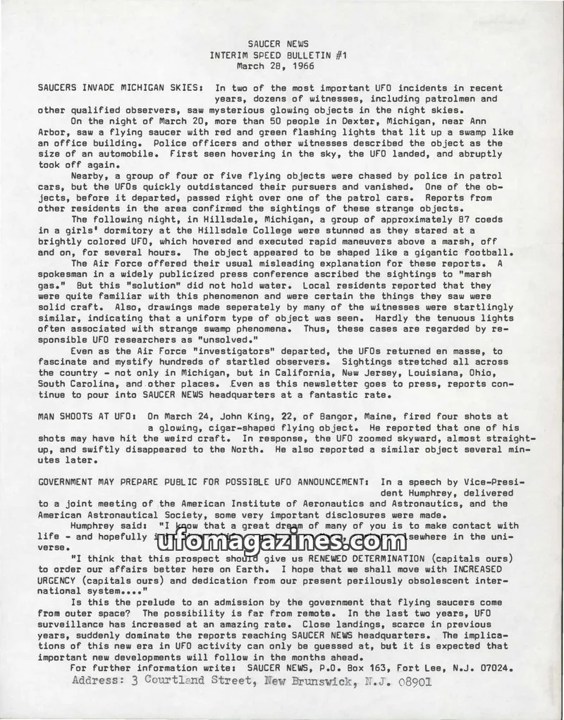 Cover of Saucer News Non-Scheduled Newsletter (James Moseley) issue INTERIM SPEED BULLETIN #1: SAUCER NEWS