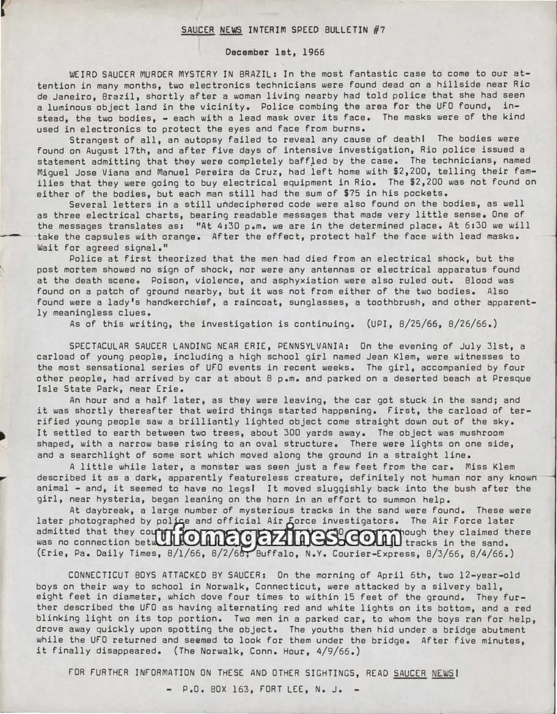 Cover of Saucer News Non-Scheduled Newsletter (James Moseley) issue #7: SAUCER NEWS INTERIM SPEED BULLETIN