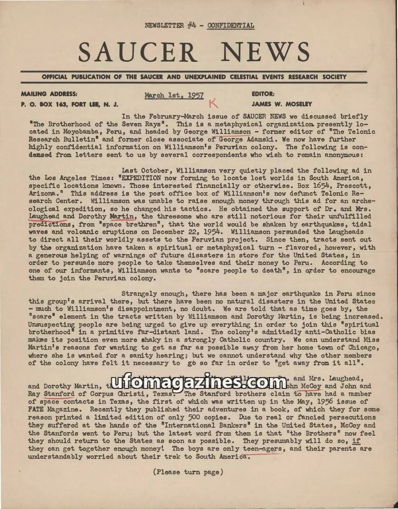 Cover of Saucer and Unexplained Celestial Events Research Society issue #4: SAUCER NEWS