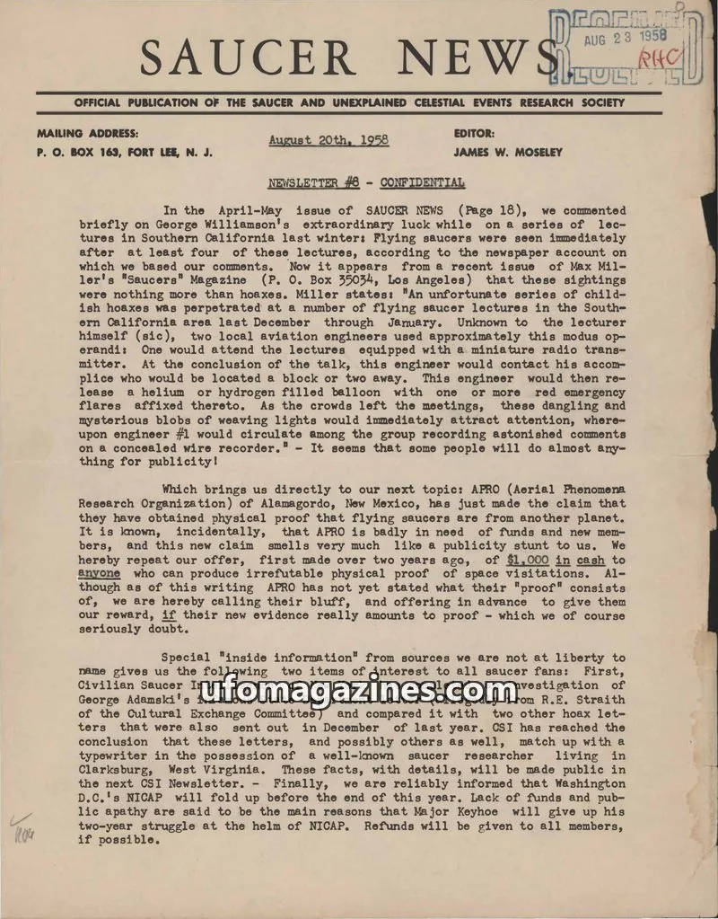 Cover of SAUCER AND UNEXPLAINED CELESTIAL EVENTS RESEARCH SOCIETY issue #8: SAUCER NEWS