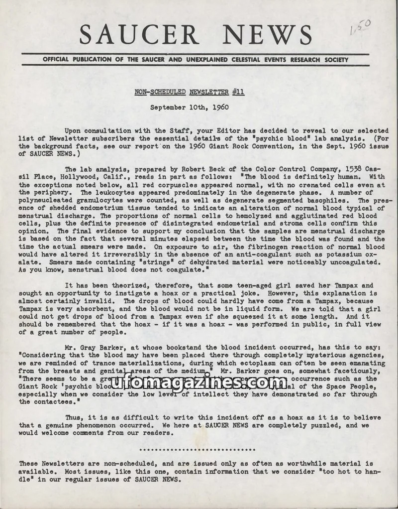Cover of SAUCER AND UNEXPLAINED CELESTIAL EVENTS RESEARCH SOCIETY issue 11: SAUCER NEWS
