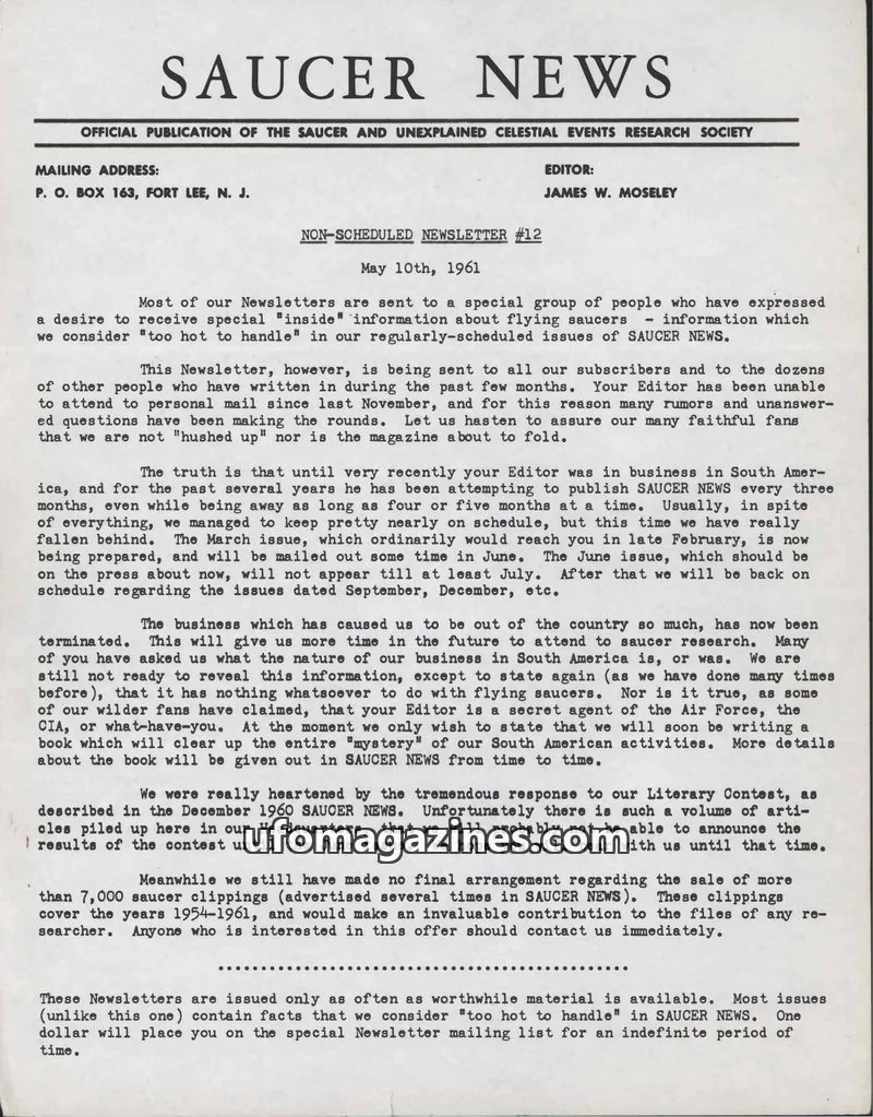 Cover of THE SAUCER AND UNEXPLAINED CELESTIAL EVENTS RESEARCH SOCIETY issue #12: SAUCER NEWS